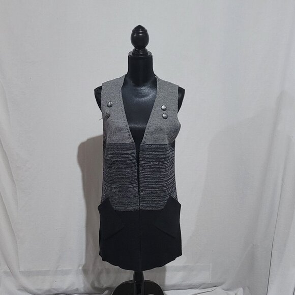 Cocogio sweater maxi vest merino wool cardigan black grey stripes color block - Picture 5 of 12